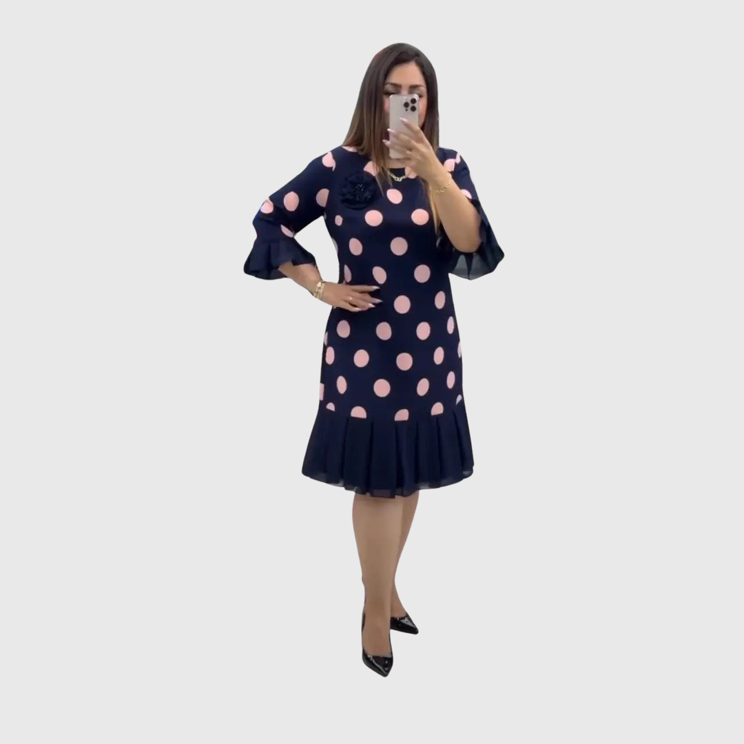 Odette - Weiches Polka Dot Kleid mit ausgestelltem Rüschensaum Navy