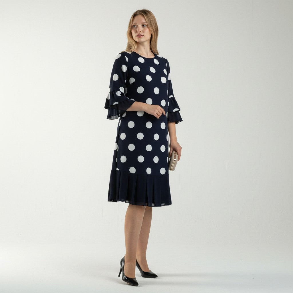 Odette |  Festkleid mit Punktmuster und Volant-Saum