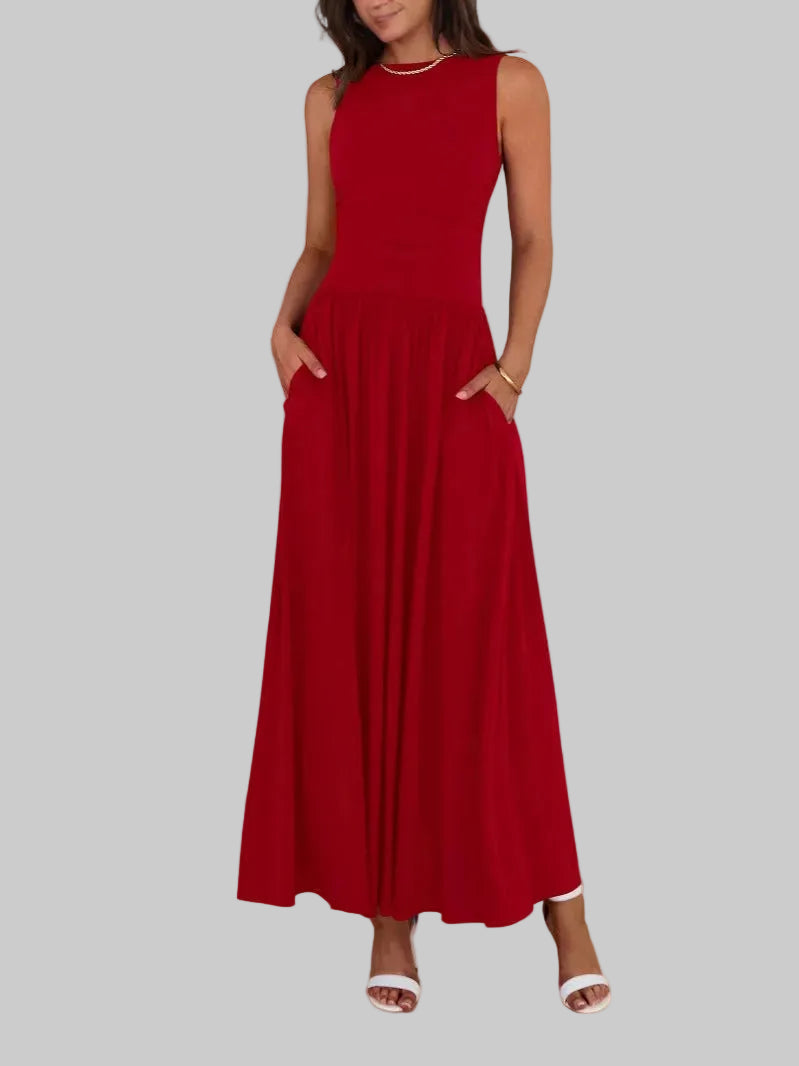 Freya - Elegantes ärmelloses, gerafftes Maxikleid mit hoher Taille