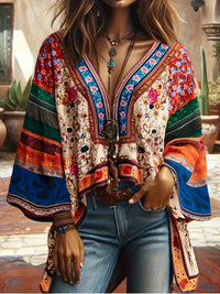 Genevieve - Bohemian V-Ausschnitt Langarmtop