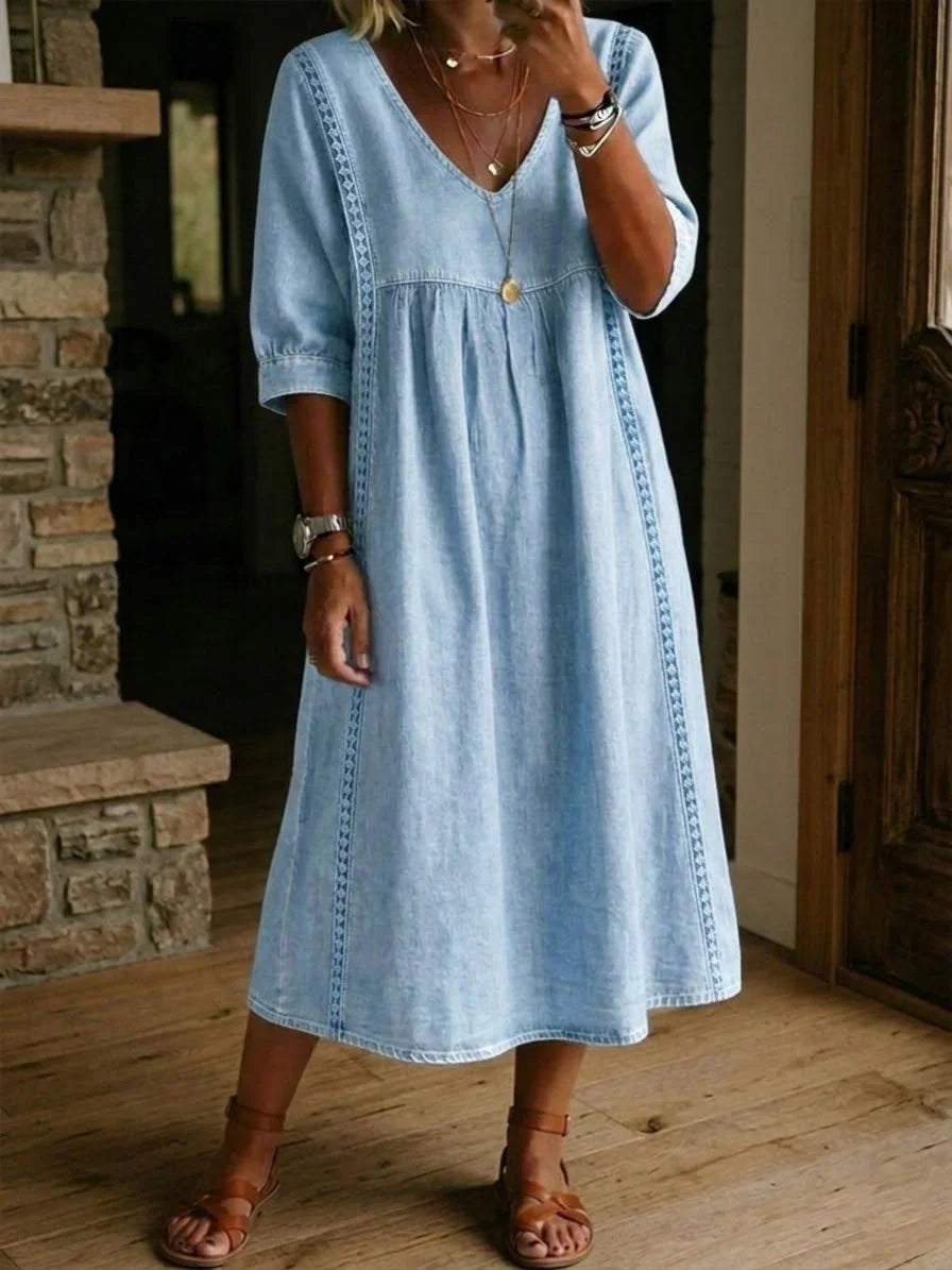 Melissa - Rundhals Langarm Denim Kleid