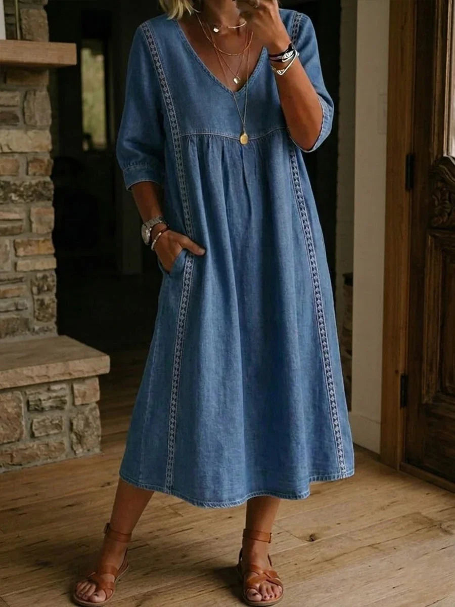 Melissa - Rundhals Langarm Denim Kleid