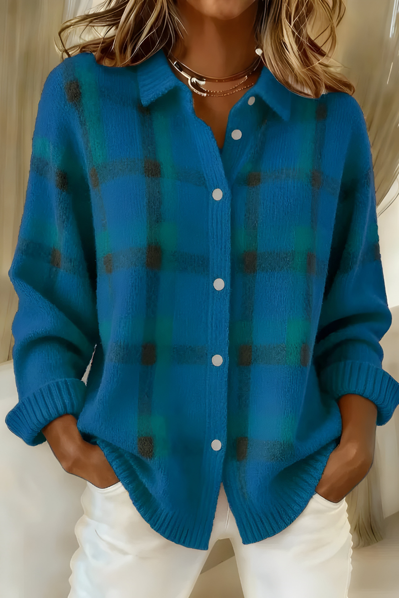 Thordena | Damen Karo Strickjacke mit Knopfverschluss